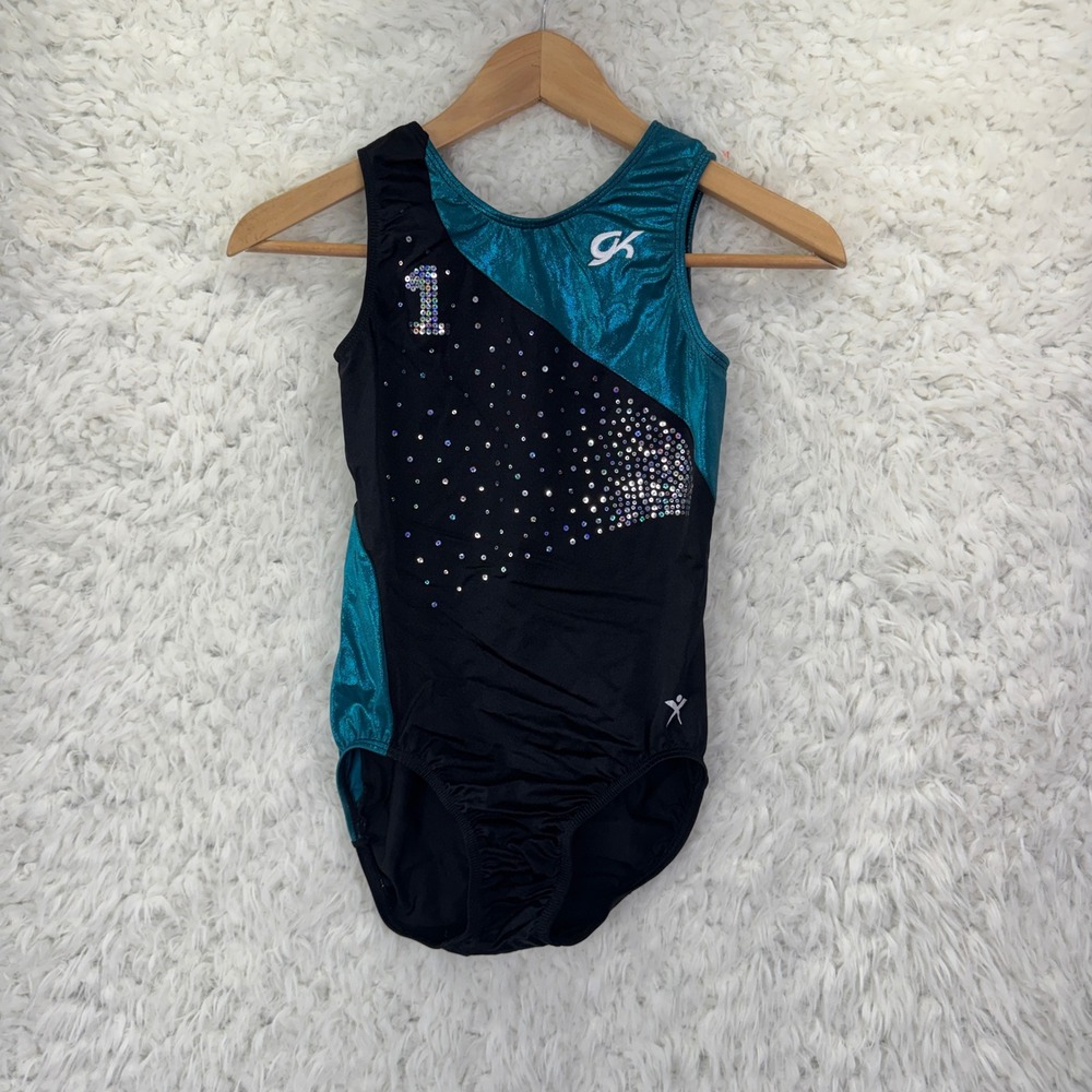 GK‎ Elite Gymnastics Leotard Girls Teal Black Rhinestone Sparkle Athletic Wear